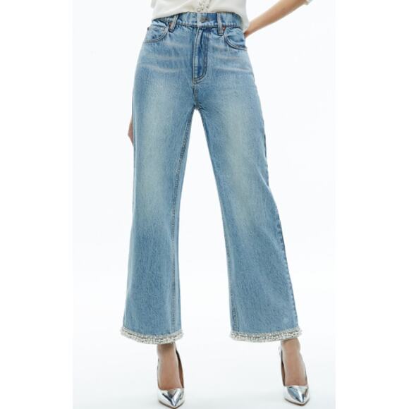 Alice + Olivia Women's Rockstar Blue Ora High Rise Embellished Jeans Size 24 - Picture 1 of 15